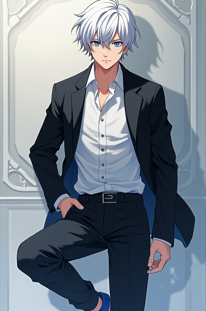 Male, Anime, 18-year old, Short white hair, Fair skin, Blue eyes, Black jacket, White shirt, Black trousers, Blue shoes