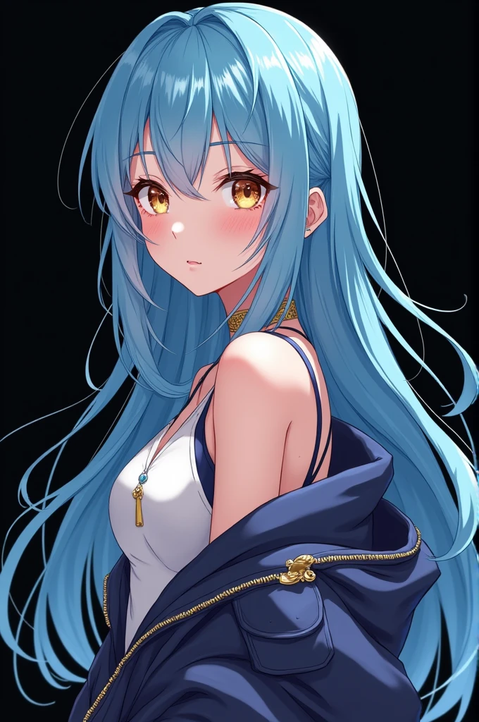 anime, masterpiece, UHD, anatomy correct, detailed skin, detailed pupils, detailed hair, hair correct, full body, vtuber full body, standing pose, dynamic pose, black background, blue hair, long hair, light brown eyes, beautiful, beautiful outfit, character sheet, design sheet, vtuber design, design sheet, design concept, reference sheet, full body