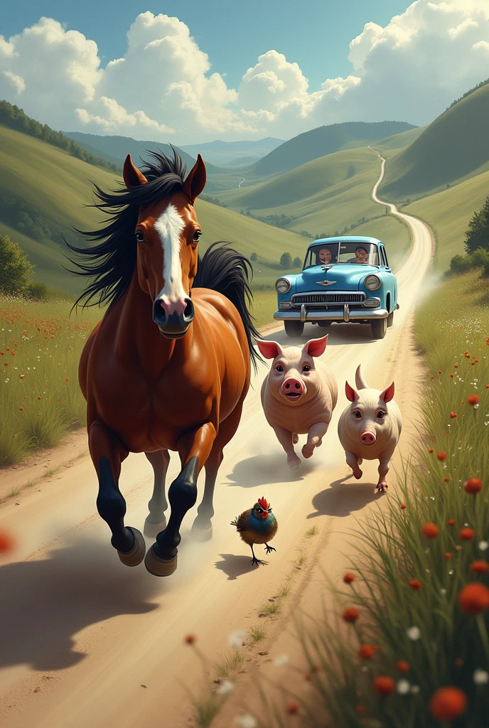 a horse, a pig, A hen and a sparrow fleeing from a car 