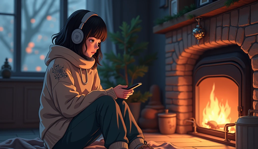 Perfect image, 8k、winter、high school girl、sweater、Long trousers、Using headphones、fireplace、 2D-style animation, Lo-Fi、Retro、Emotional、Anime style illustrations