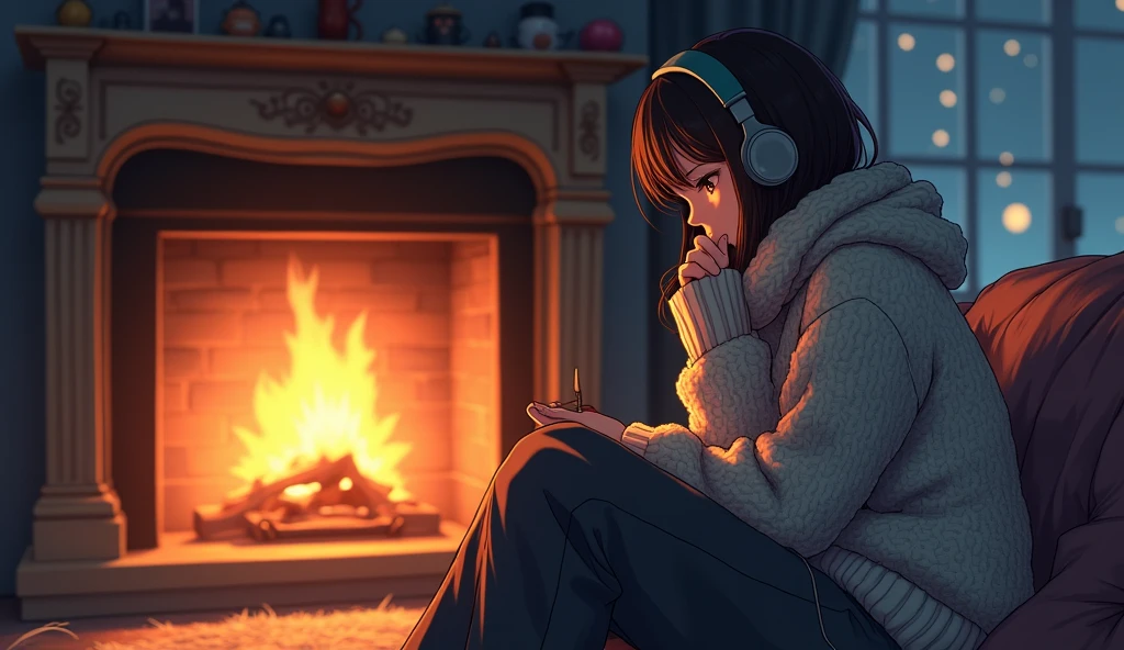 Perfect image, 8k、winter、high school girl、sweater、Long trousers、Using headphones、fireplace、 2D-style animation, Lo-Fi、Retro、Emotional、Anime style illustrations