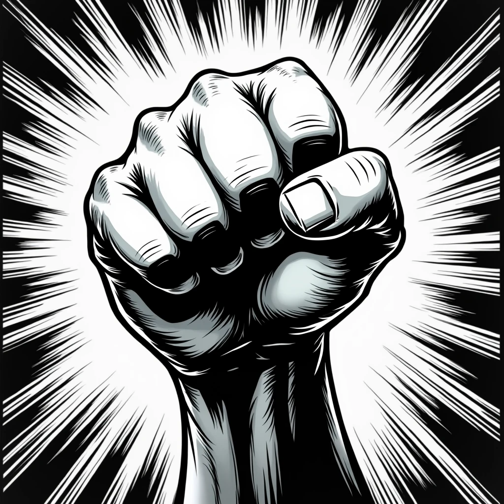 Hand with a clenched fist on a comic book style black and white background