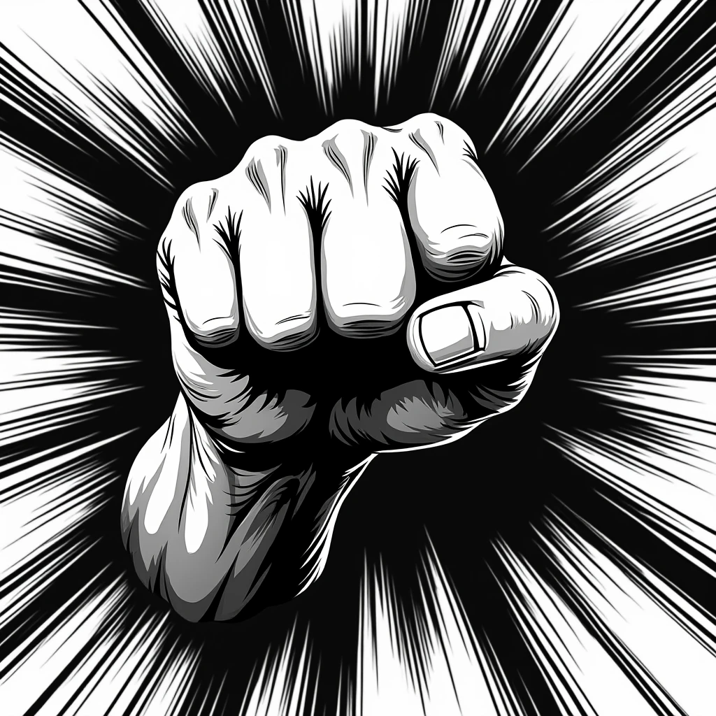 Hand with a clenched fist on a comic book style black and white background