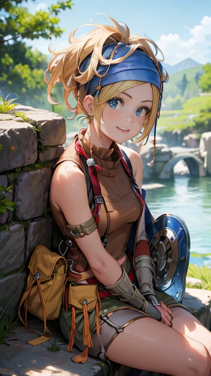 Ruck sack, The vibrant Vigasia heroine of Final Fantasy X-2, Depicted in this amazing image. She sits confidently against an old stone wall, with one leg crossed over the other, Exudes an aura of strength and determination. A gentle breeze ruffles her short bob hair with glee., Adding dynamic elements to the scene. Ruck sack's trademark blue and white mini-dress adorned with loops and pockets is visible, Her trademark bandana around her neck. She has a smile on her lips、His piercing blue eyes stare intently at the viewer., Ruck sack strikes an utterly captivating pose.