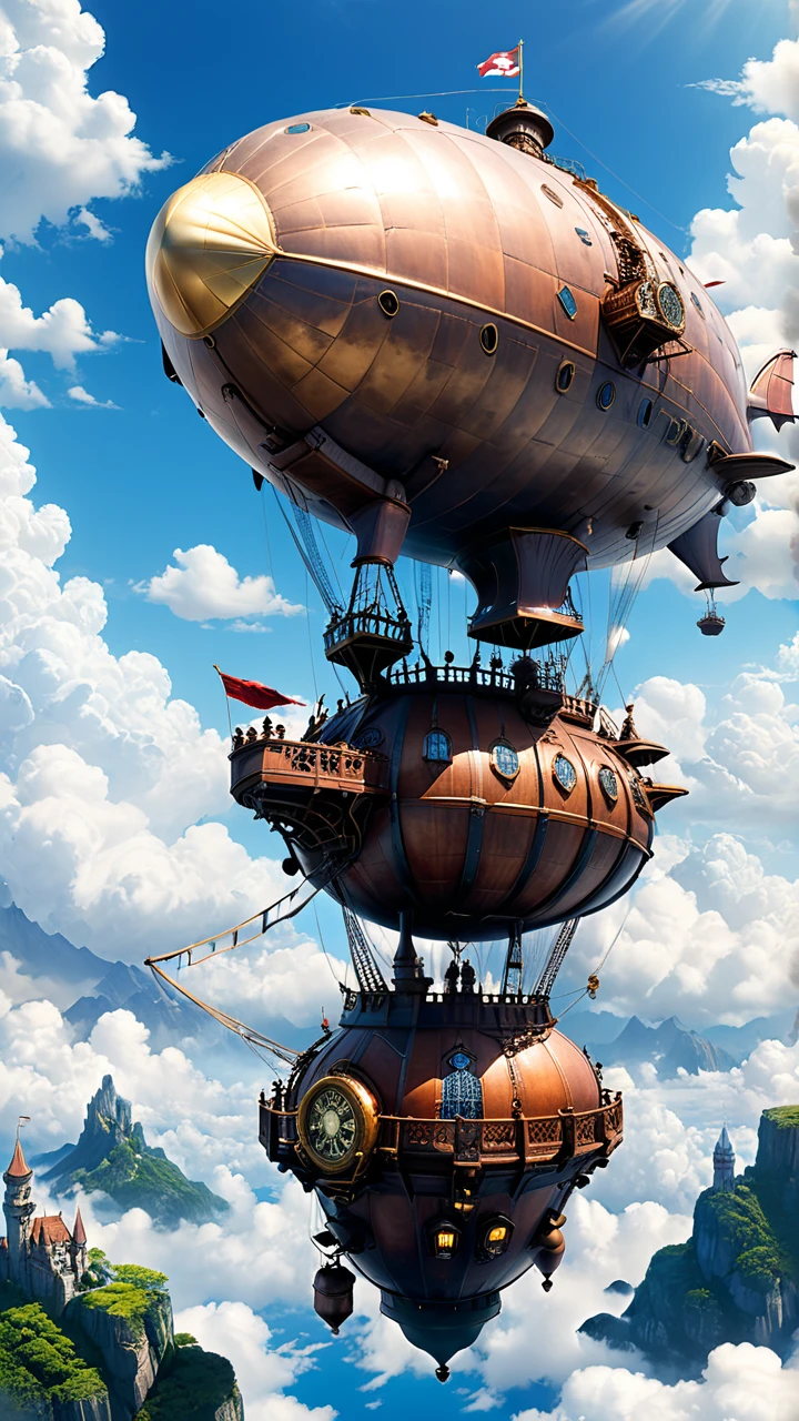 Laputa: Castle in the Sky、Laputa style、Steampunk Airship、White Entrance Cloud、blue sky、masterpiece, high quality, Ultra high definition