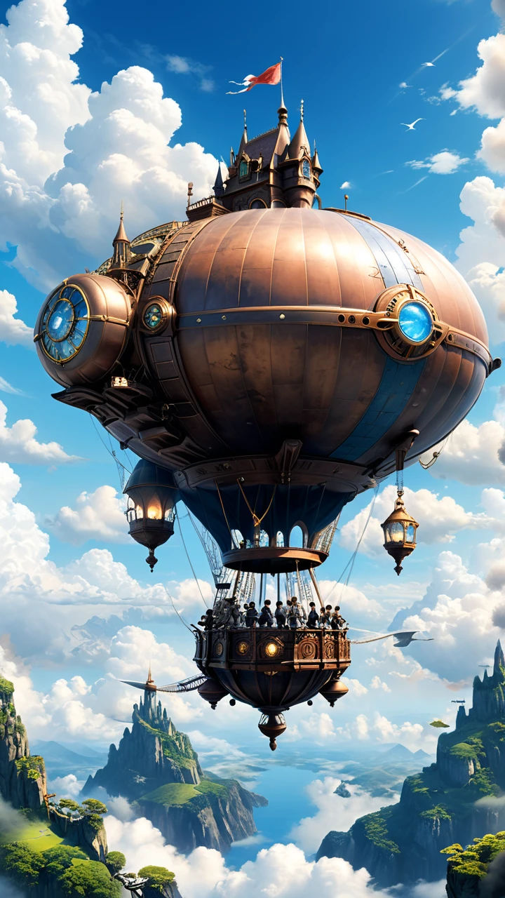Laputa: Castle in the Sky、Laputa style、Steampunk Airship、White Entrance Cloud、blue sky、masterpiece, high quality, Ultra high definition
