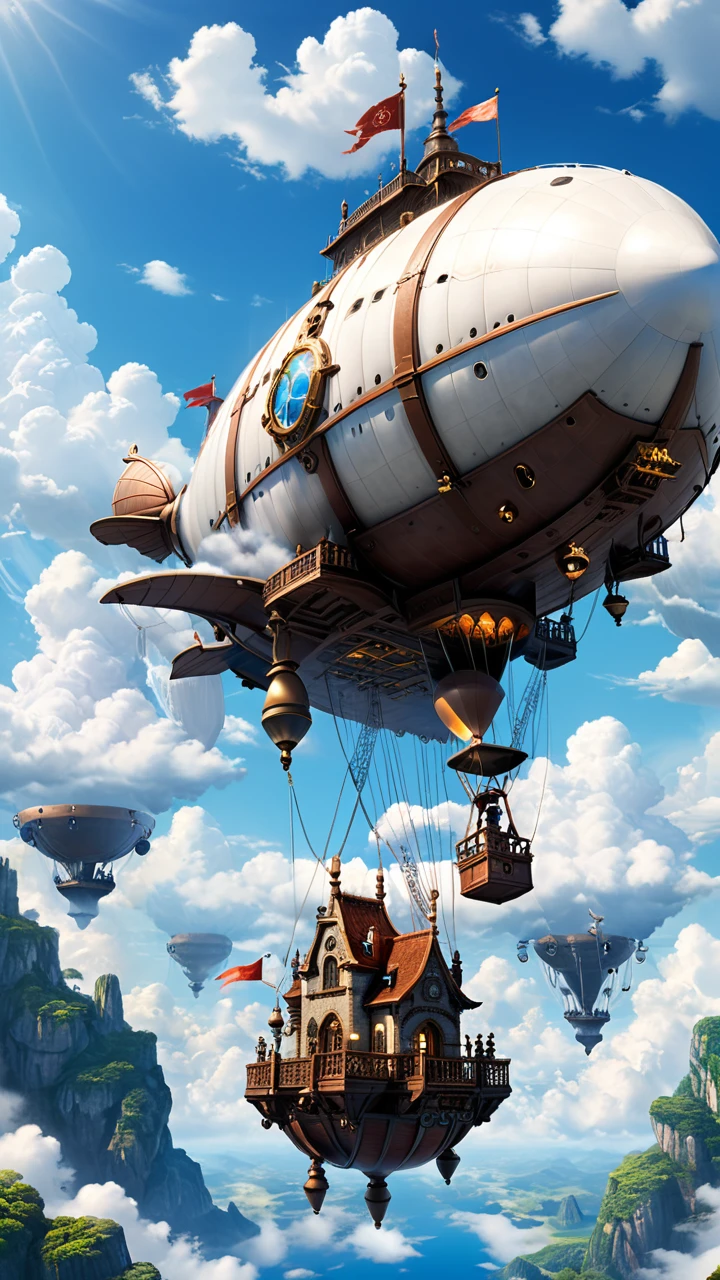 Laputa: Castle in the Sky、Laputa style、Steampunk Airship、White Entrance Cloud、blue sky、masterpiece, high quality, Ultra high definition