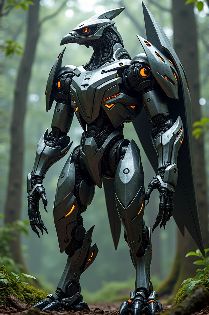 Create a mechanical garuda bird robot image with very complicated steel plates, every sharp corner part, all parts of steel and gear, mechanical robot, lit orange accents, which is placed in a dense forest. The Garuda bird must have a strong position, radiate power, and futuristic technology.
