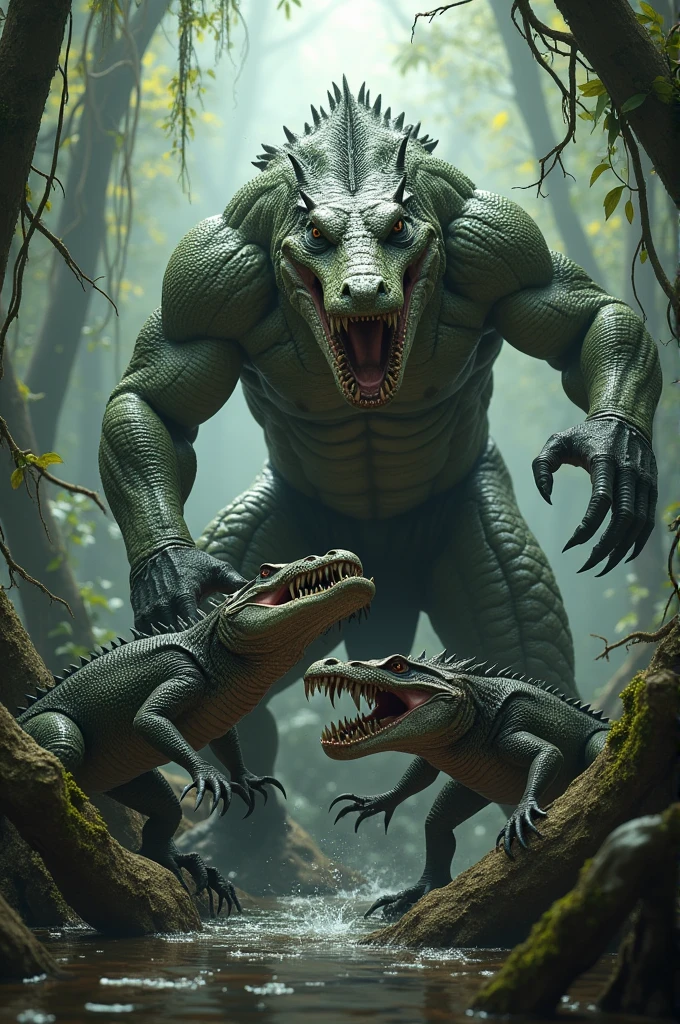 A menacing muscular lizard man with a crocodile head fighting other lizard  swamp 