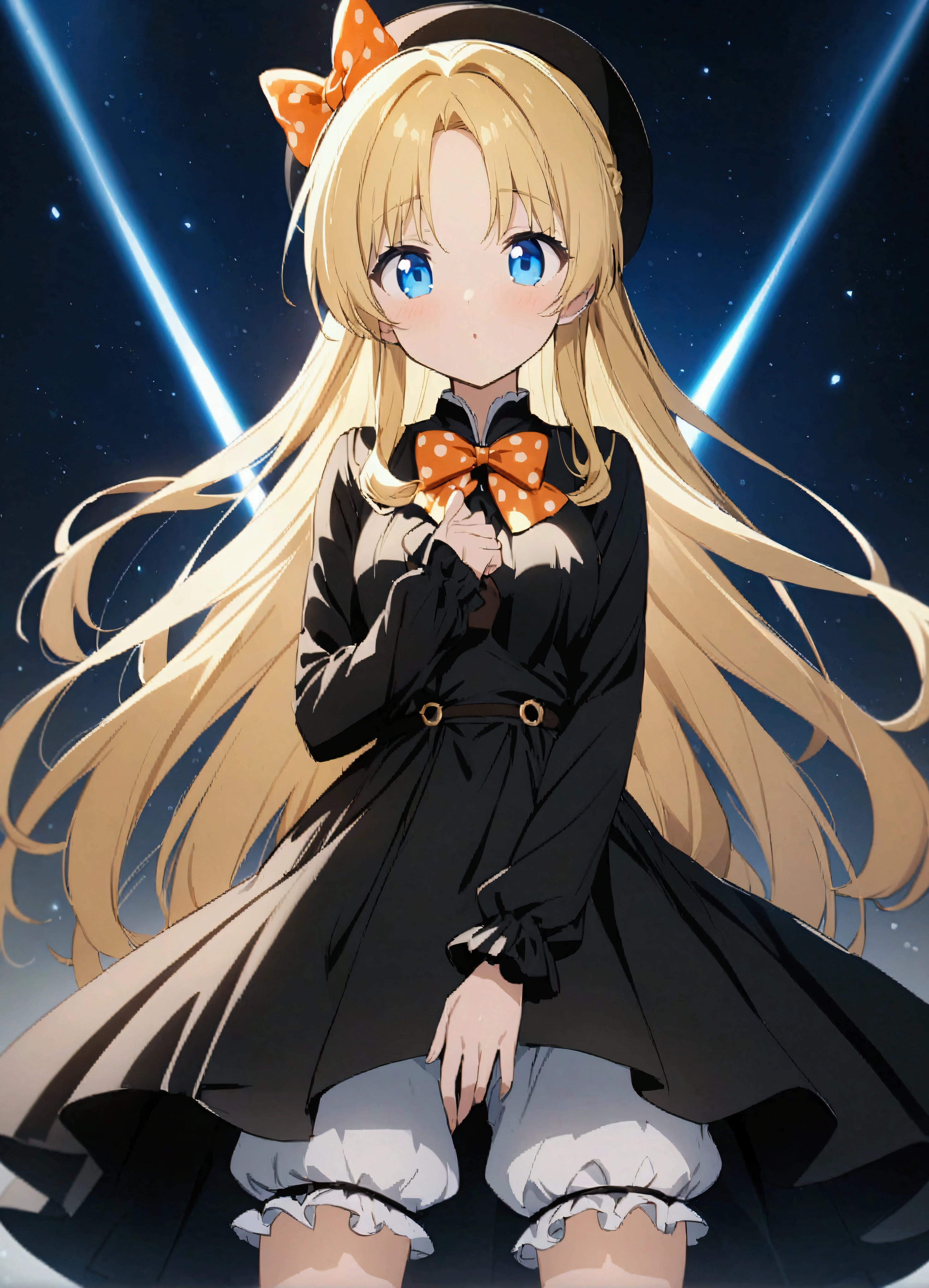 One girl、Blonde Hair、Long Hair、blue eyes、amount、Side Lock、Parted bangs、Hair Bow、Polka dot bow、Orange Bow、Black Dress、Long sleeve、Sleeves longer than the wrist、Sleeves longer than the fingers、Bloomers、hat、Holding a teddy bear、Are standing、Cowboy Shots、space、:or、Glowing Eyes、、Score 9、Score 8_up、Score 7_up、Score 6_up、Score 5_up、Score 4_up、BREAK Source Anime、masterpiece