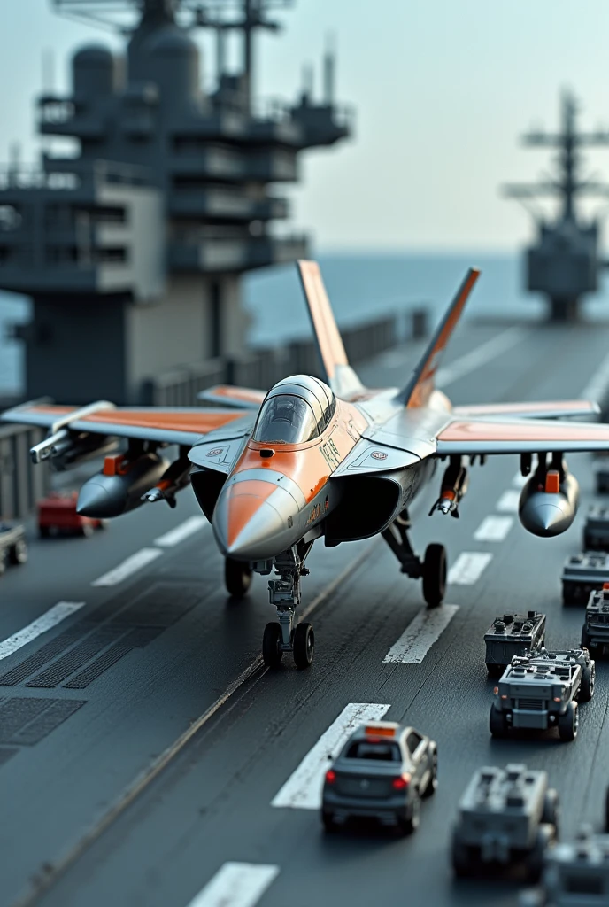 A plastic model of a fighter jet landing on an aircraft carrier

