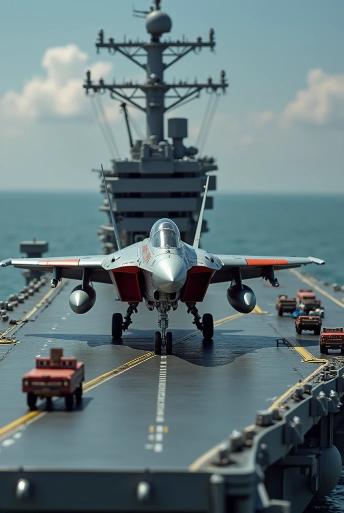 A plastic model of a fighter jet landing on an aircraft carrier