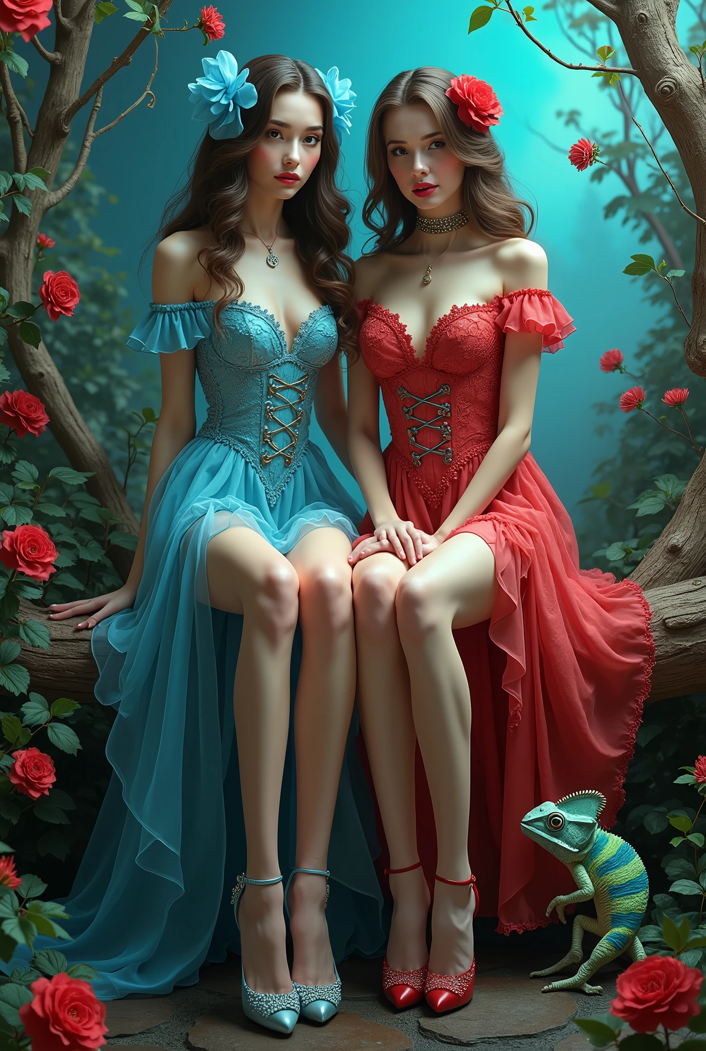 Hyper realistic all detailed two very beautiful and sexy women in the picture with flowers and a chameleon, the theme of alice smiling charmingly in the wonderful world, just like the beautiful alice in the wonderland showing off her beautiful white long legs, the theme of alice in the wonderland portrait, passionate charming long legs, fairy tale artwork, the portal of wonderland, Bright red blue theme, inspired by Alice Prin, from alice in wonderland, wonderland, Tone contrast. 3D, super detailed optical, optical, surreal, three-dimensional, dynamic light, 32K, HDR, UHD