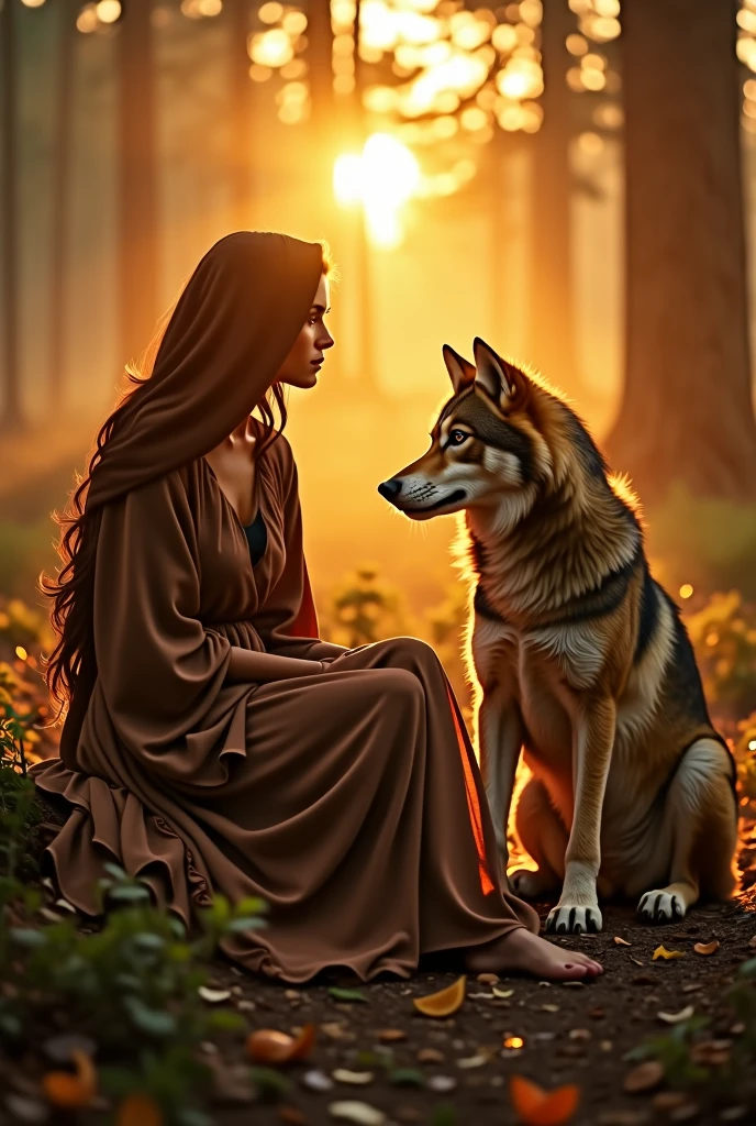 Chef d'oeuvre, photographie réaliste, extérieur, femme arabe, vêtue d'une robe marron, pieds nus, assise au milieu de la forêt avec un loup, compagnon loup, tendresse, fille-loup, loups, son amie le loup, lumière jaune douce, brouillard dense, coucher de soleil ,
