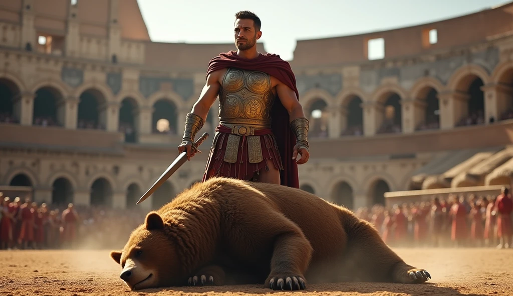 A Roman gladiator defeating a bear in the coliseum