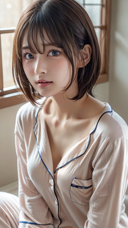 (8k, Photorealistic, RAW Photos, Best image quality: 1.4), Japanese schoolgirl、Short Bob、Super detailed face、Eye on the details、double eyelid、Sharp focus:1.2、Beautiful woman:1.4、Light brown hair、Highest quality、masterpiece、Ultra-high resolution、(Photorealistic:1.4)、Highly detailed and professionally lit smiles、(Pajamas:1.5)、blush、Open your mouth a little、Watery eye、amount、erect nipples