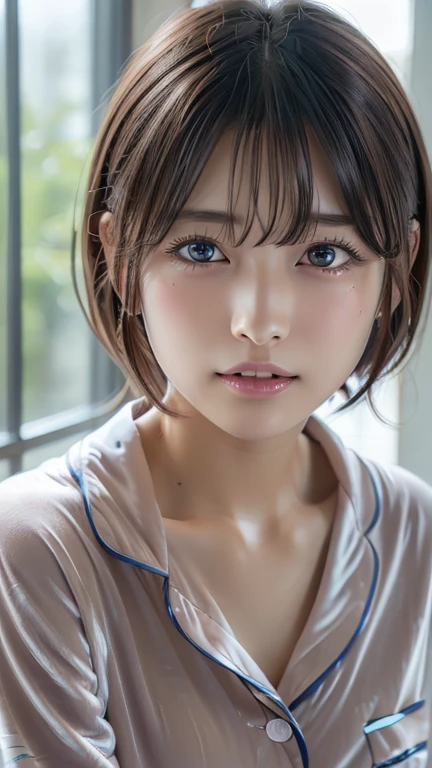 (8k, Photorealistic, RAW Photos, Best image quality: 1.4), Japanese girl、Short Bob、Super detailed face、Eye on the details、double eyelid、Sharp focus:1.2、Beautiful woman:1.4、Light brown hair、Highest quality、masterpiece、Ultra-high resolution、(Photorealistic:1.4)、Highly detailed and professionally lit smiles、(Pajamas:1.5)、blush、Open your mouth a little、Watery eye、amount、erect nipples