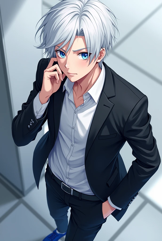 Male, Anime, 18-year old, Short white hair, Fair skin, Blue eyes, Black jacket, White shirt, Black trousers, Blue shoes