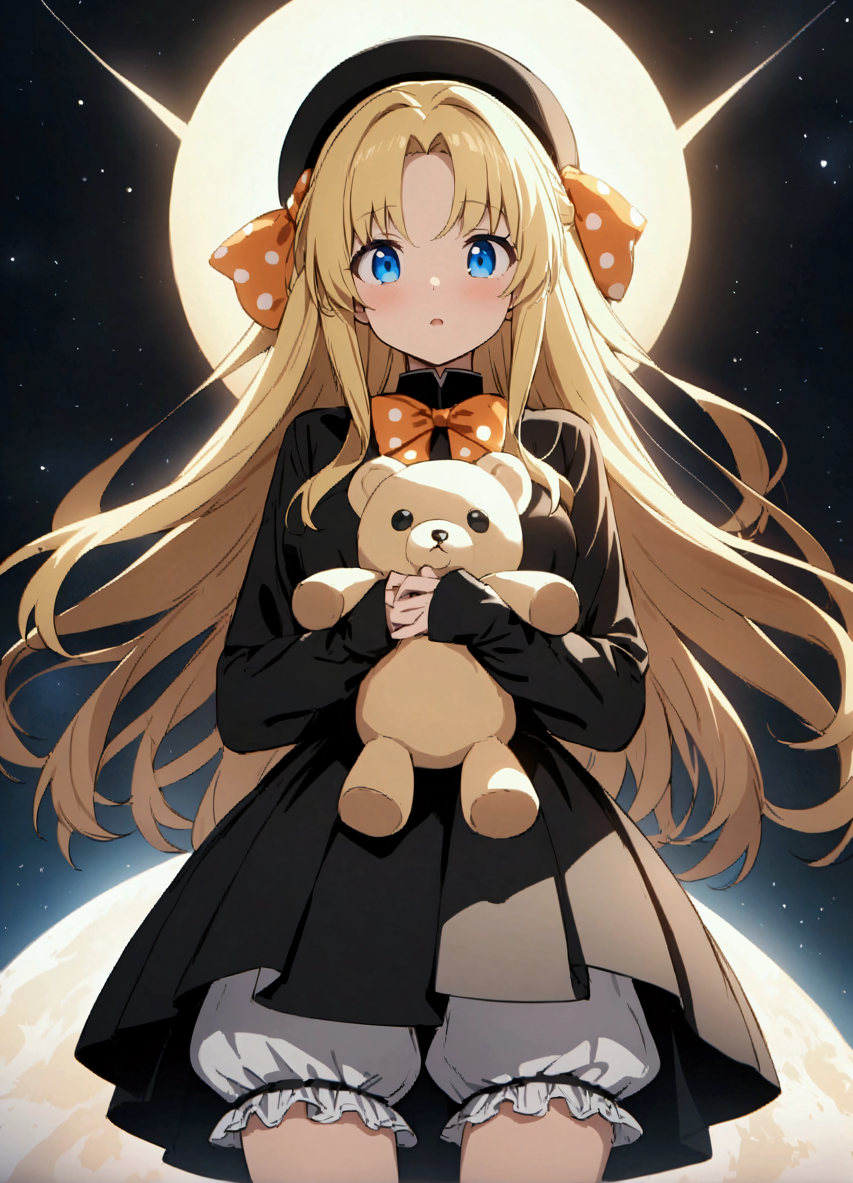 One girl、Blonde Hair、Long Hair、blue eyes、amount、Side Lock、Parted bangs、Hair Bow、Polka dot bow、Orange Bow、Black Dress、Long sleeve、Sleeves longer than the wrist、Sleeves longer than the fingers、Bloomers、hat、Holding a teddy bear、Are standing、Cowboy Shots、space、:or、Glowing Eyes、、Score 9、Score 8_up、Score 7_up、Score 6_up、Score 5_up、Score 4_up、BREAK Source Anime、masterpiece