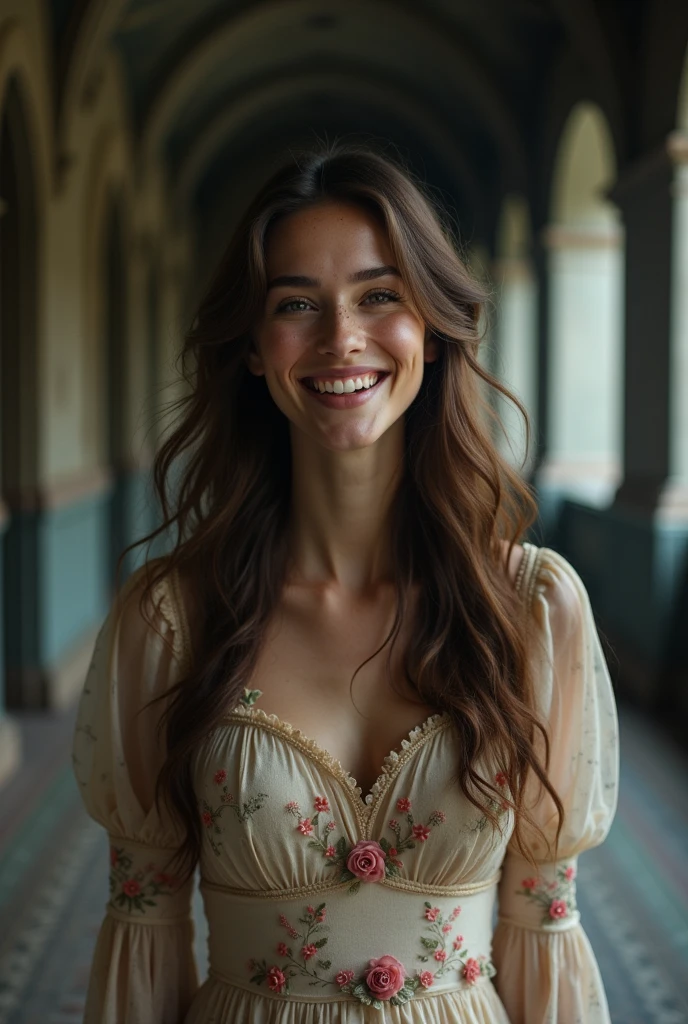 A far away image of an extremely beautiful woman, of Brown hair, eyes the color of honey, laughing , with freckles, small nose, full lips, very feminine features, dressed in a very beautiful vintage dress with simple pink flowers, in the middle of a hallway in a completely black Victorian castle