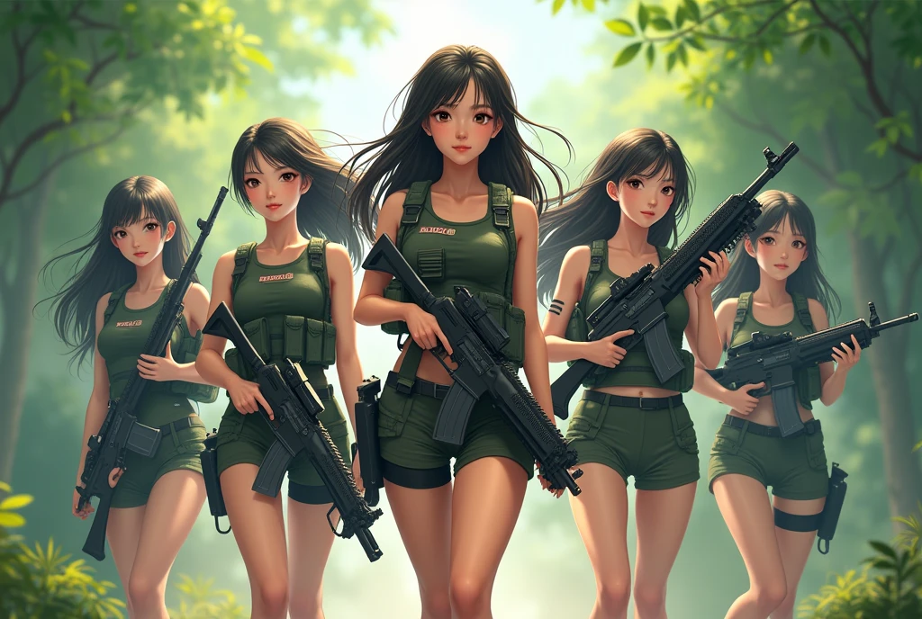 Japanese. Five lightly armed beautiful girl soldiers wearing compression shorts.
