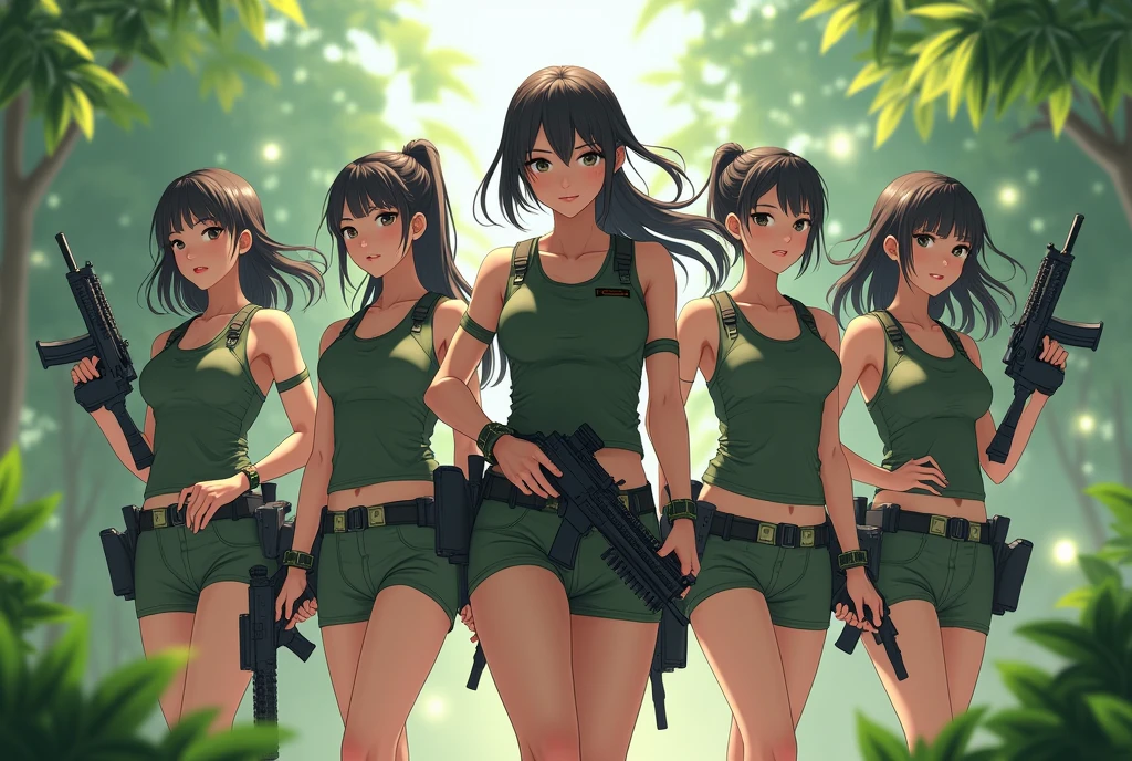 Japanese. Five lightly armed beautiful girl soldiers wearing compression shorts.