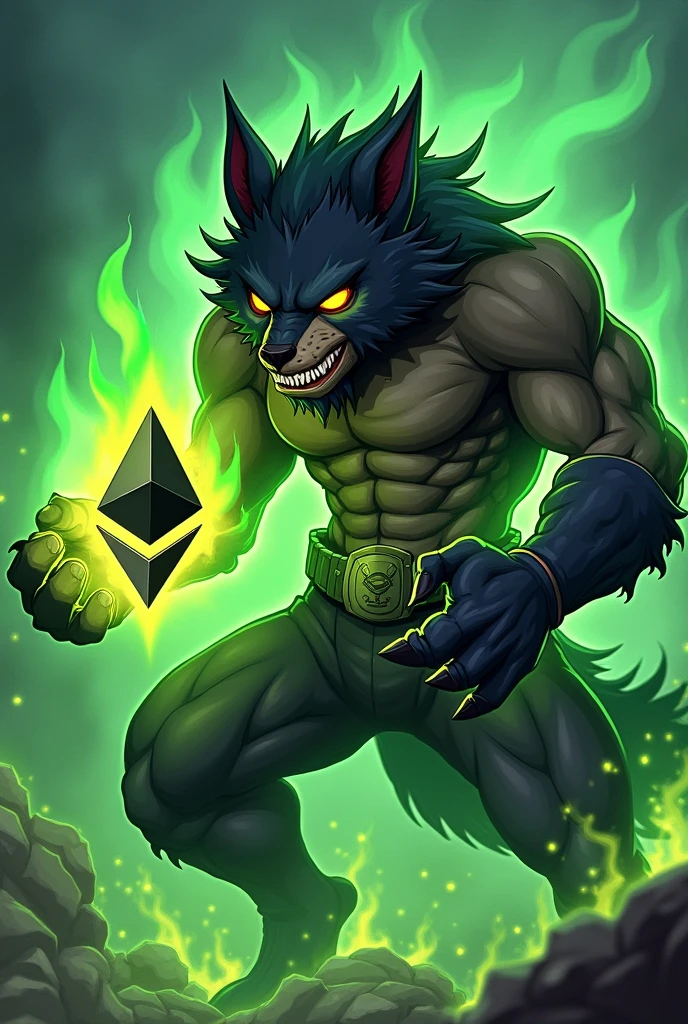 A man as a wolverine cartoon wolf holding the ethereum logo fire green