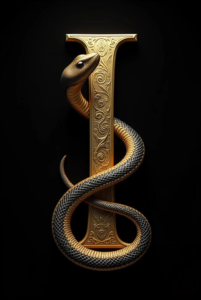 Create the letter I with gold details and a black and gold snake next to it. black backdrop.