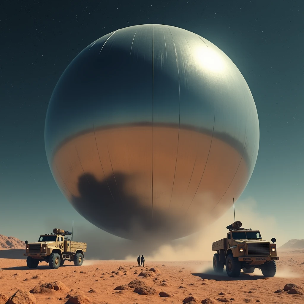 A massive smooth surfaced mirrored sphere hovers above the desert floor at night, military vehicles face the sphere, photo realistic