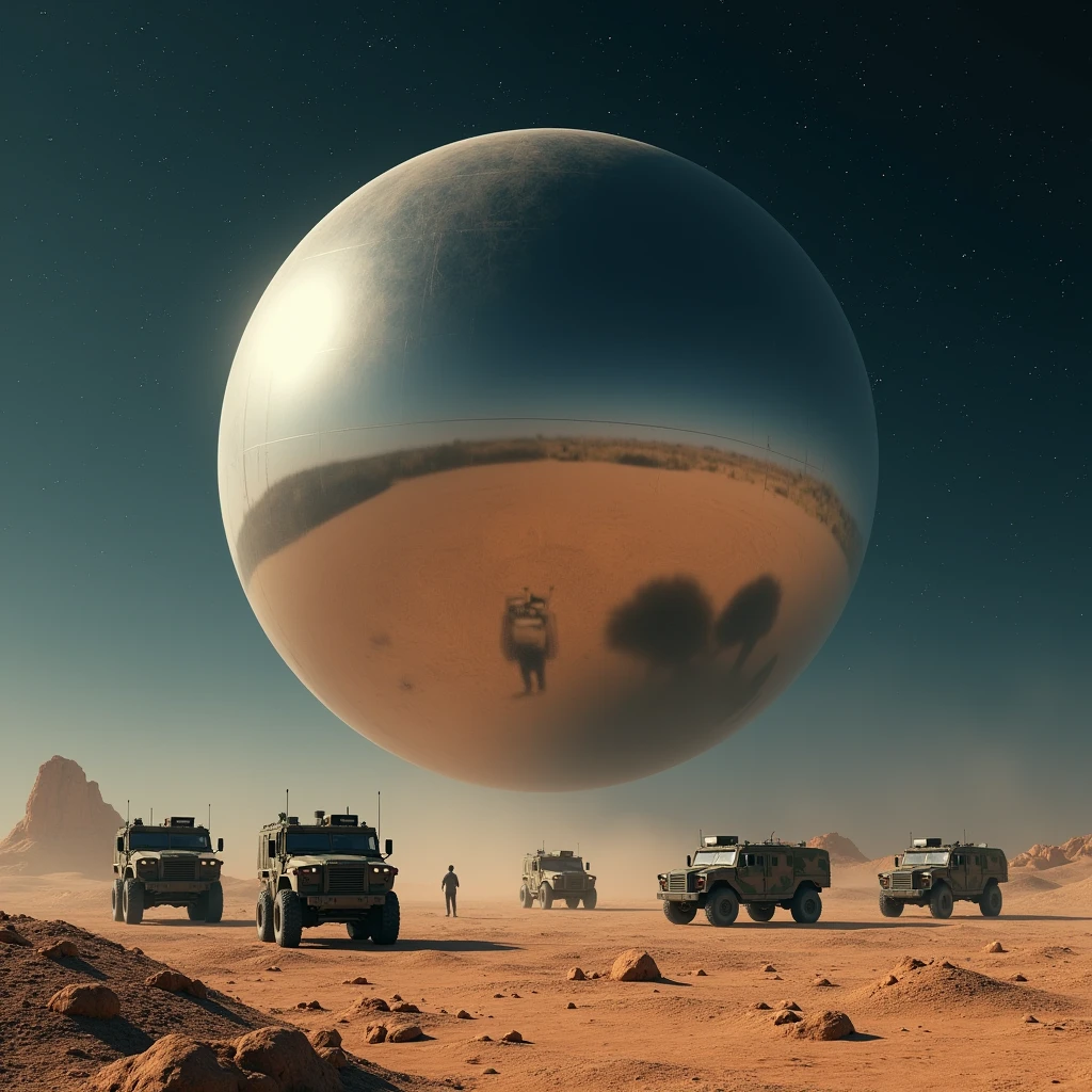 A massive smooth surfaced mirrored sphere hovers above the desert floor at night, military vehicles face the sphere, photo realistic