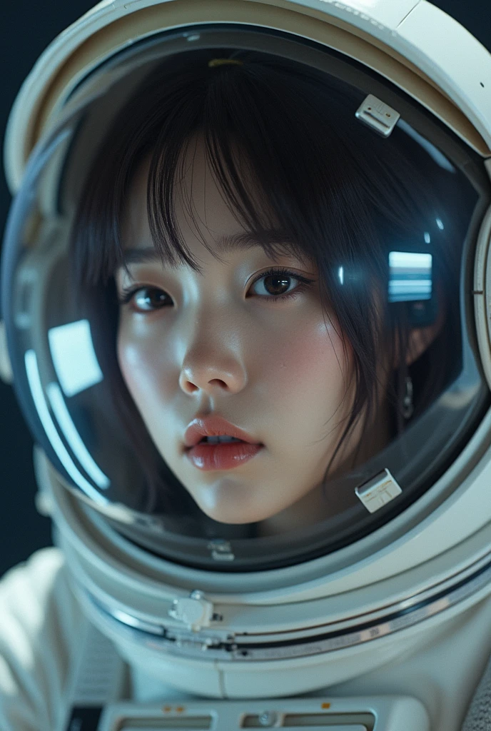 (8k, RAW photo, best quality, masterpiece), (photorealistic), outstanding details, ultra-high resolution, anatomically correct, textured skin, (Extremely precise and accurate anatomy),
Ultra Detailed Face, Detailed Eyes, 

(wide lens effect), (outer space), astronaut, extravehicular activity, EVA, weightlessness, zero gravity, spacewalk, 
(Cute Japanese girl , 20-year-old), large breasts, 

(backlighting), 
(reflection light from below:1.4), 
depth of field, 
(dramatic lighting), cinematic lighting, 