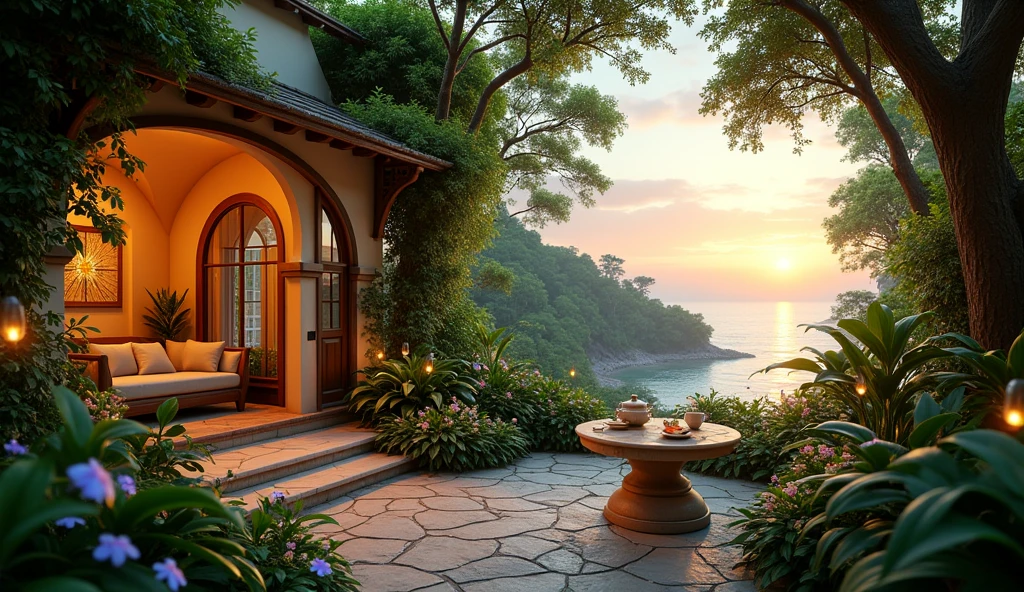 A magical courtyard in front of an elegantly designed house with soft, curved architecture, located by the sea in a lush jungle. The setting sun filters through the canopy, casting a golden glow over the scene. A cozy tea setup with delicate porcelain cups and a teapot is placed on a stone table surrounded by flowering plants and ferns, with the sea breeze rustling through the leaves. Enchanting Evening Retreat. Envision a cozy courtyard by a beautiful, fairy-tale house, The house glows with a cozy light, nestled in a garden teeming with diverse flowers and bushes. The garden is alive with colors and textures, from delicate blossoms to thick, leafy foliage. The setting sun bathes the scene in a warm, ethereal glow, with a tea table perfectly placed to enjoy the peaceful ambiance. A cozy tea setup with delicate porcelain cups and a teapot is placed on a stone table surrounded by flowering plants. masterpiece, Best Quality, (highly detailed CG Unity 8k wallpaper), (Best Quality), (Best Illustration), (BEST SHADOWS), Natural elements in the forest theme. mysterious forest, Beautiful forest, nature, surrounded by flowers, delicate leaves and branches surrounded by Fireflies (Natural elements), (Jungle theme), (leaves), (branches), (Fireflies), (particle effects), etc. 3D , Octane Rendering, Ray Tracing, super detailed