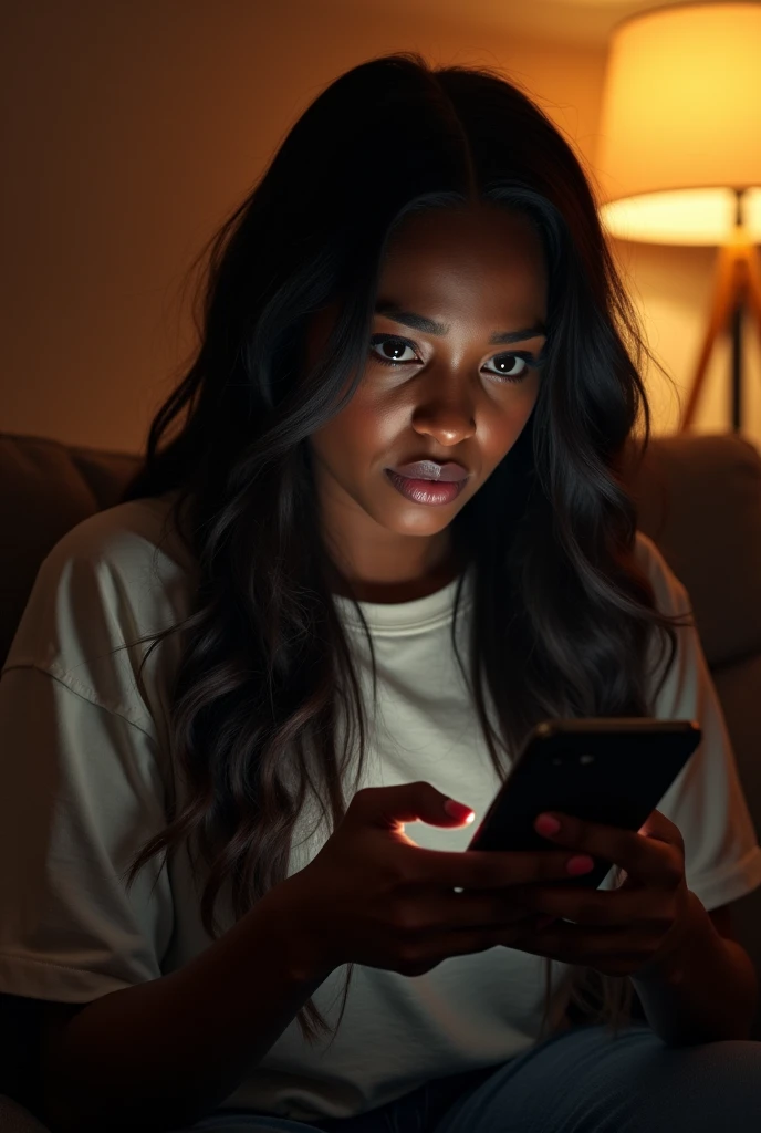 In night 20 year old black girl, (keke palmer), long hair, worry, received a suspicious message on her smartphone, living room. She wears casual clothes. Mistery style, cinematic lightning, day, warm colors
