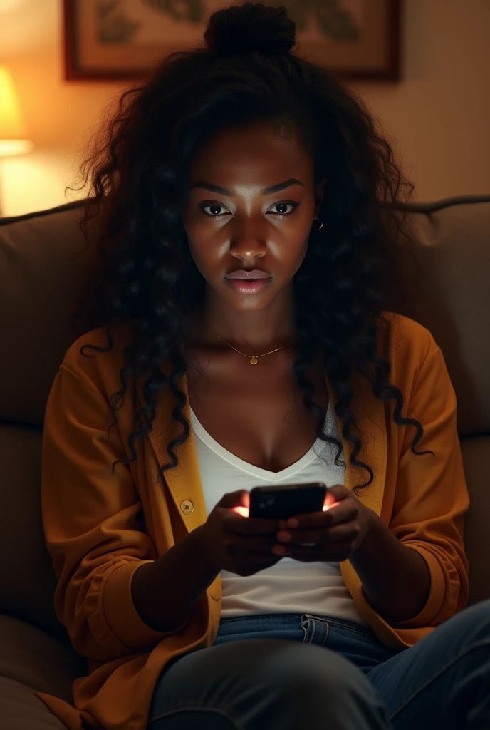 In night 20 year old black girl, (keke palmer), long hair, worry, received a suspicious message on her smartphone, living room. She wears casual clothes. Mistery style, cinematic lightning, day, warm colors