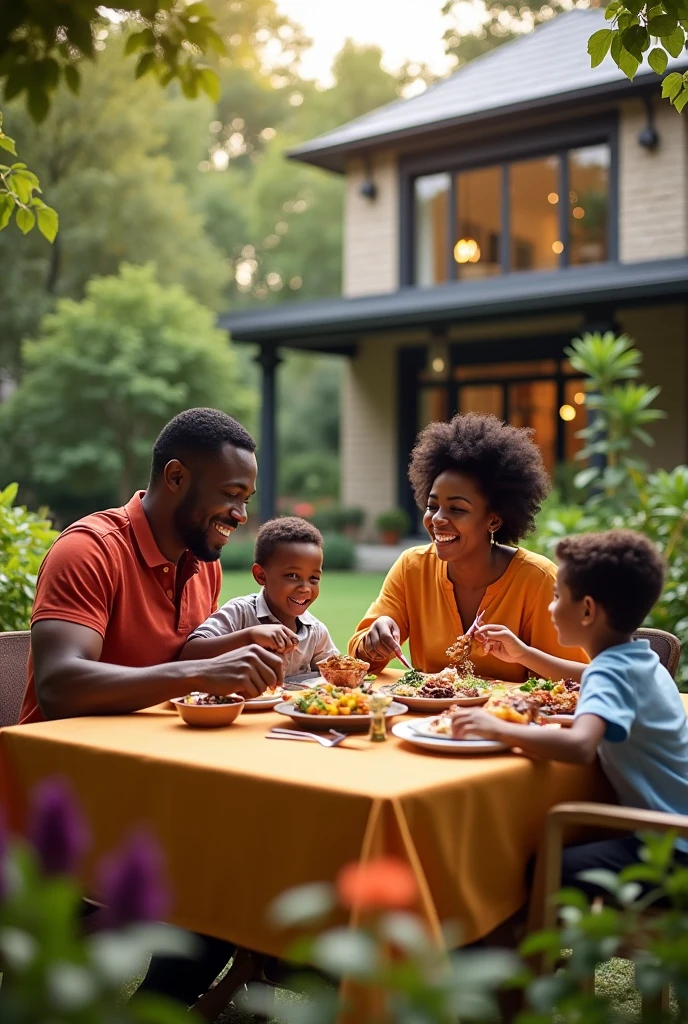 Generate a hyper-realistic image of a joyful Black family enjoying a meal outdoors in their garden. The family is sitting around a beautifully set table, sharing a meal and laughing together. The father is serving food, while the mother helps the . The two boys are engaged in a light-hearted conversation, smiling as they eat. The background features their stylish, modern home with large windows and a well-kept garden. The house should be the centerpiece, with the family dining in the foreground, surrounded by vibrant green plants and flowers. The color palette should include warm tones like orange, brown, and deep red, creating a cozy and inviting atmosphere that highlights the beauty of the home and the happiness of the family. The image should look like a photograph, perfect for a real estate poster that emphasizes the joy of outdoor living in a beautiful home.