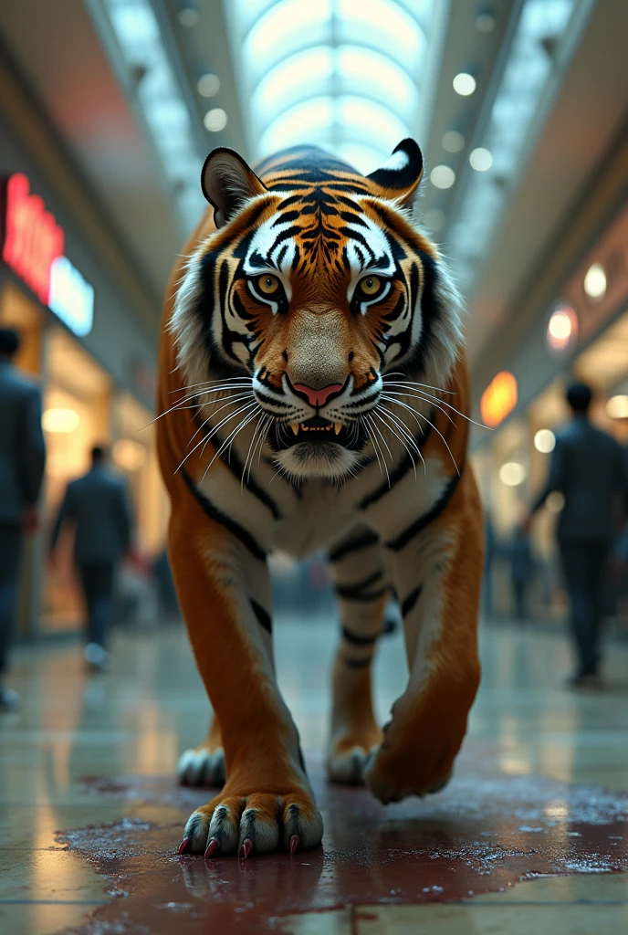 There is a tiger in the Mall. The tiger have a stitches human skin at the tiger's body. The tigers is the main subject which is the biggest on the screen but still can see the mall. Dont blur the mall environment. Please make the tiger have stitches with human skin. Will a little blood