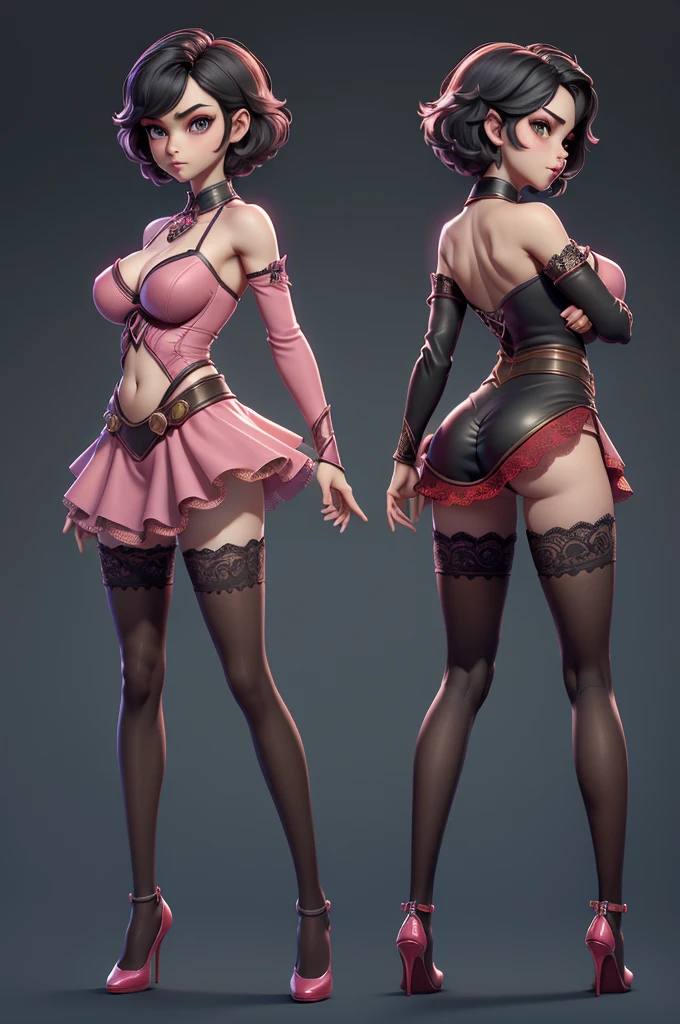 Mini girl, (girl), standing alone, ray tracing, 3D style, 3DMM, ((3 poses per photo)), ((3 poses in each photo)), fully body,(from front view),(Costas Issue), show flat belly, (((poses per photo))),(very big breasts), perfect and symmetrical eyes,((short hair)),lingerie sensual, skin fair, White thigh-high tights with trim, Waist slender, big legs, Show legs to the top of the waist, ultra realistic skin, realistic human eyes,ultra realistic skin,(pubis with a lot of volume),(extremely sensual),(very sensual),(red and black theme),I love the league,(lace pantyhose on one side),(lace pantyhose on one side),((bold ornaments)), carrying pink dagger,((backview)),((side view)),back view,((using dental floss)),duas poses per photo, front and side, front and side, full body,((model sheet)),((front view, side and back)),(symmetrically perfect),(A-POSE),((front view, side and back)),((a pose next to another pose in the same proportions)),same size and same height, A-POSE,(A-POSE),(open dress)