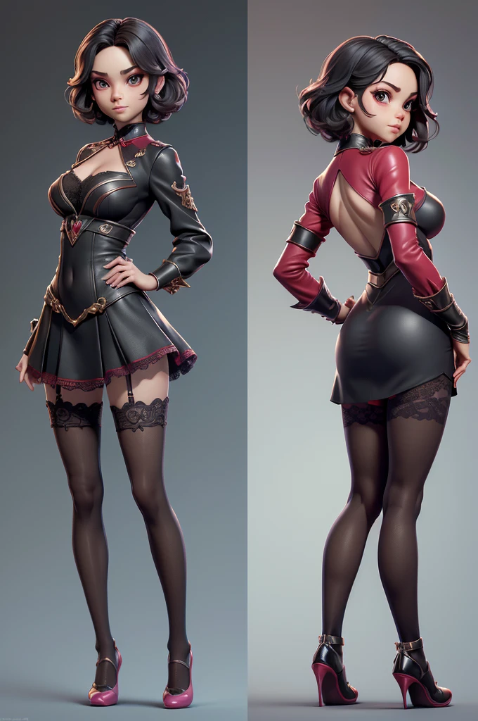 Mini girl, (girl), standing alone, ray tracing, 3D style, 3DMM, ((3 poses per photo)), ((3 poses in each photo)), fully body,(from front view),(Costas Issue), show flat belly, (((poses per photo))),(very big breasts), perfect and symmetrical eyes,((short hair)),lingerie sensual, skin fair, White thigh-high tights with trim, Waist slender, big legs, Show legs to the top of the waist, ultra realistic skin, realistic human eyes,ultra realistic skin,(pubis with a lot of volume),(extremely sensual),(very sensual),(red and black theme),I love the league,(lace pantyhose on one side),(lace pantyhose on one side),((bold ornaments)), carrying pink dagger,((backview)),((side view)),back view,((using dental floss)),duas poses per photo, front and side, front and side, full body,((model sheet)),((front view, side and back)),(symmetrically perfect),(A-POSE),((front view, side and back)),((a pose next to another pose in the same proportions)),same size and same height, A-POSE,(A-POSE),(open dress)