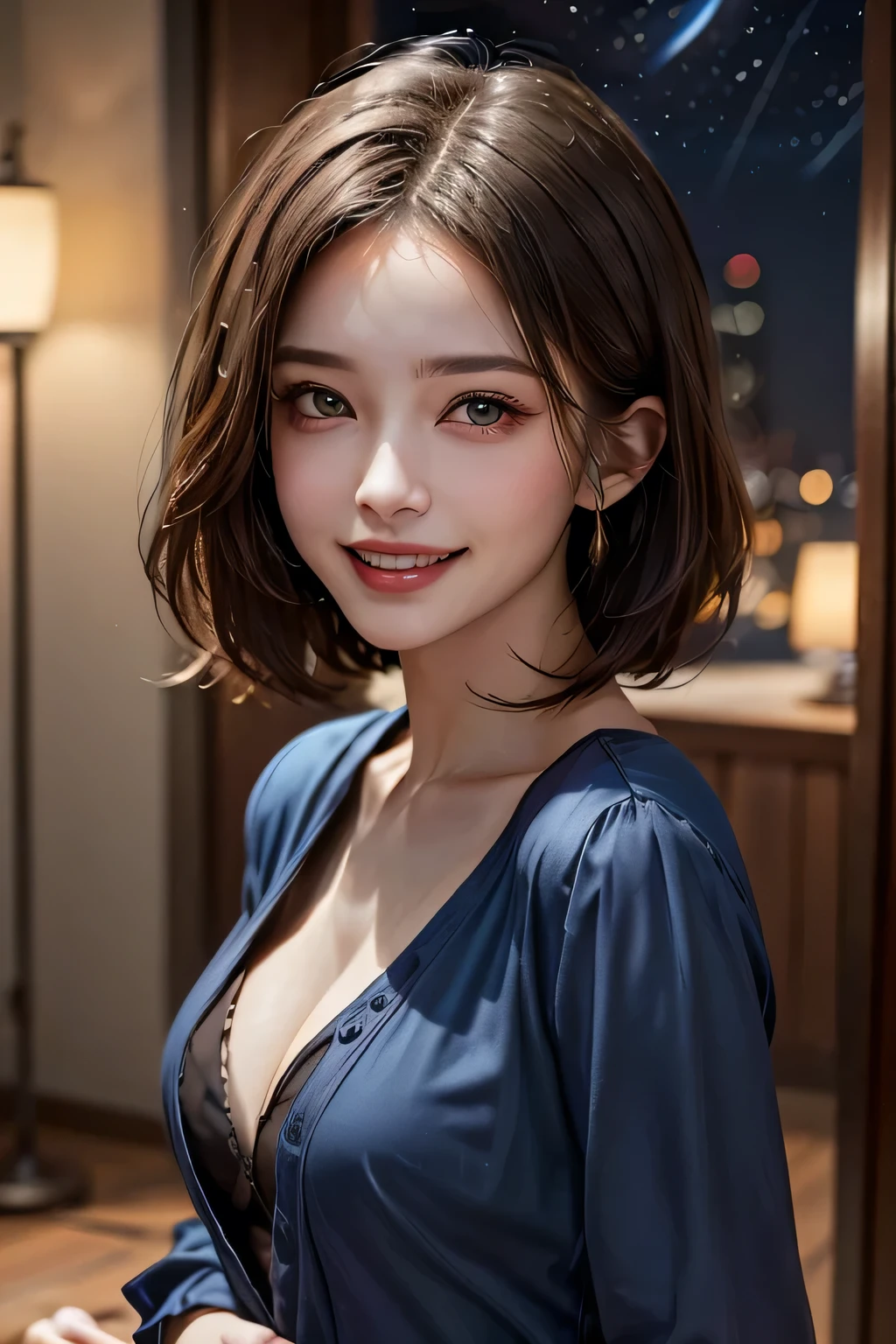 (highest quality, 8k, 32K, masterpiece), (Realistic), (Realistic:1.2), (High resolution), (night:1.7), Japan, cyber punk, 街の景Farbe, In front of the window,Wooden floor, Blue jacket, Grey Shirt, clavicle, jewelry, gem, Brunette Bob, 1 female, 4, (Grin), Beautiful body, beautifulNose, beautifulcharacter design, Perfect Eyes, perfectface, Expressive eyes, View your viewers, Center the image, (Cowboy Shot), Official Art, Very detailed CG Unity 8k wallpaper, Perfect lighting,Farbeful, bright_front_face_Lighting,Glowing Skin, (masterpiece:1.0),(Highest_quality:1.0), 超High resolution,4K,Very detailed, photograph, 8k, High resolution, High resolution, absurdes:1.2, Kodak Port 400, Film Grain, Blurred Background, bokeh:1.2, Lens flare, (Vibrant_Farbe:1.2) (beautiful,chest), (beautiful_face:1.5),(narrow_Waist)
