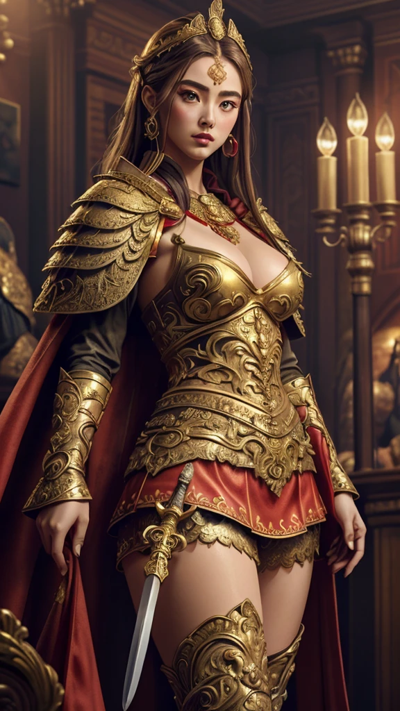 (masterpiece, world art piece, best quality, ultra-detailed, ultra-realistic), (highly detailed CG illustration), cinematic light, photorealistic ,extremely beautiful and sexy young lady, most sexy feminine makeup appearance, large breasts, intricate detailed eaba, red & gold cape, twin blade
