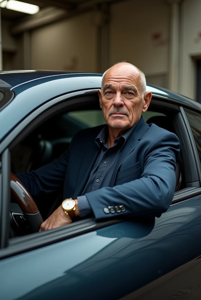 tall blonde, middle age, shaved, man, dark blue elegant suit, gold watch, sitting in car, open window, talking to camera, old garage background, new bentley car