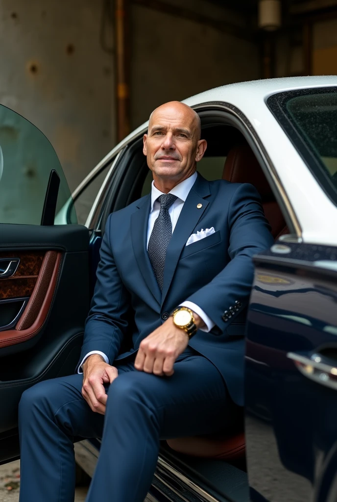 tall blonde, middle age, shaved, man, dark blue elegant suit, gold watch, sitting in car, open window, talking to camera, old garage background, new bentley car