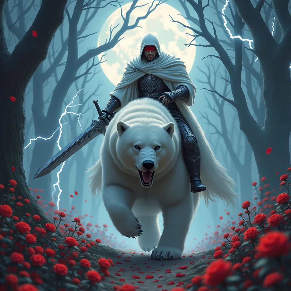 Godlike, in it a male knight with a white hood with bear ears holding a double-bladed sword is riding a polar bear in a forest while the moon shines, many Roses cover the ground and lightning falls from the sky. The polar bear has black eyes and an aggressive appearance. Only the man wears a red blindfold. In the background of the picture is the blood moon. The forest is full of trees with leaves.