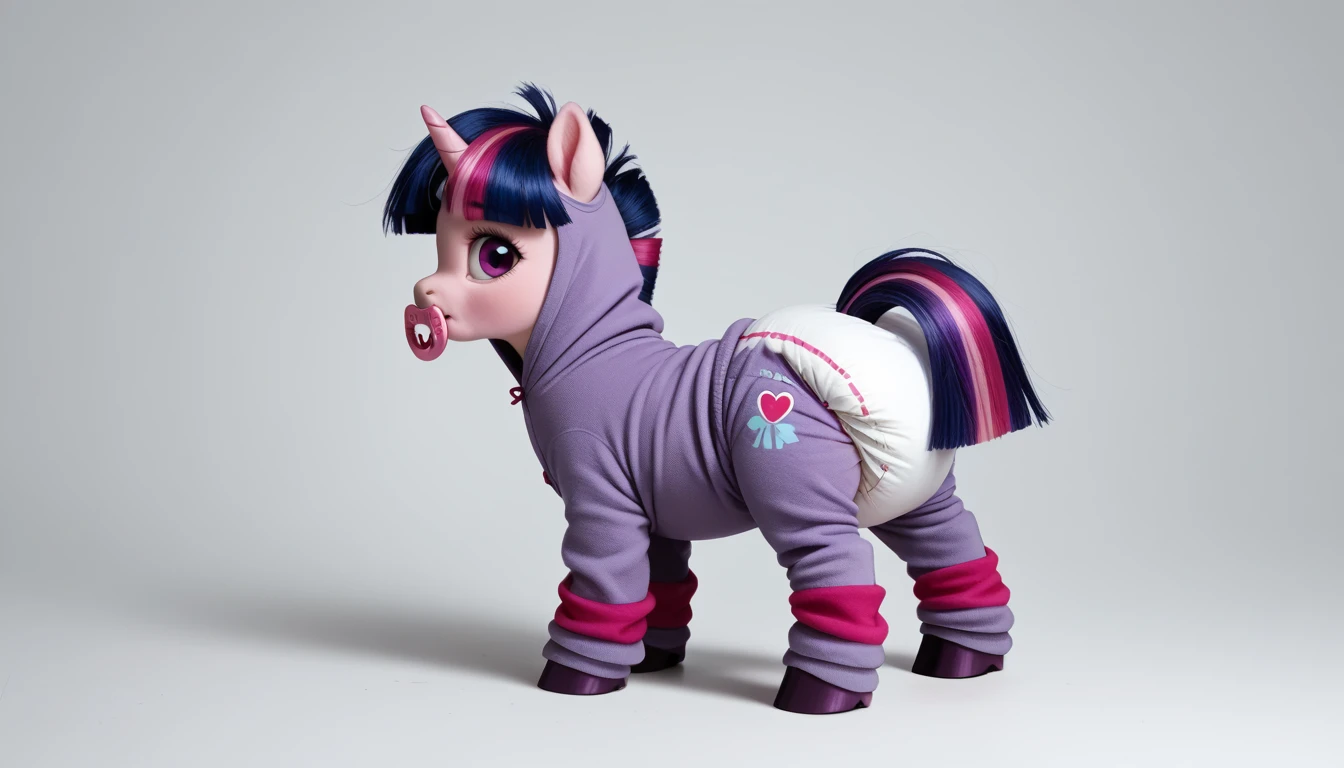 pony, Unicorn, purple wool, dark blue mane with purple streak and pink streak, the tail is dark blue with a purple strand and a pink strand, purple eyes, stands on four hooves, rear hooves spread wide apart, adult filly, dressed in a onesie and booties, pacifier in mouth, solo, thick diaper under clothes.