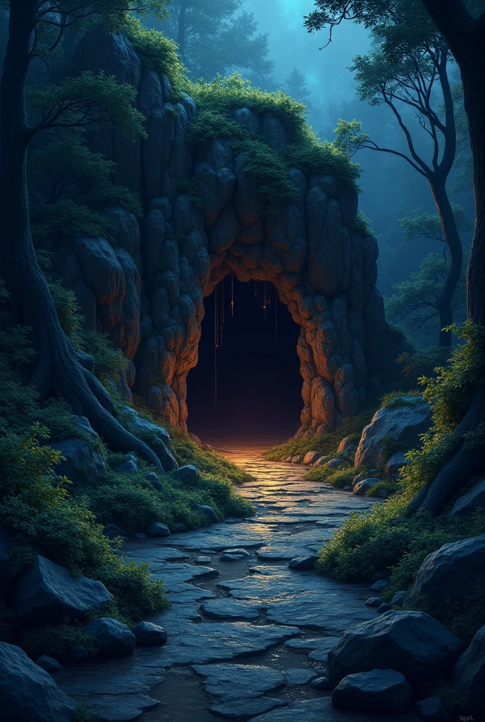 Mysterious little cave at night with treasures