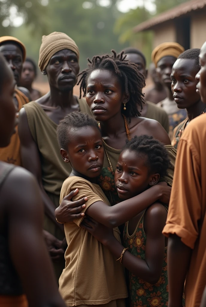 Image of a young african igbo woman crying standing at the center of the village square with her two children cling to her crying surrendered by village elders and the villagers