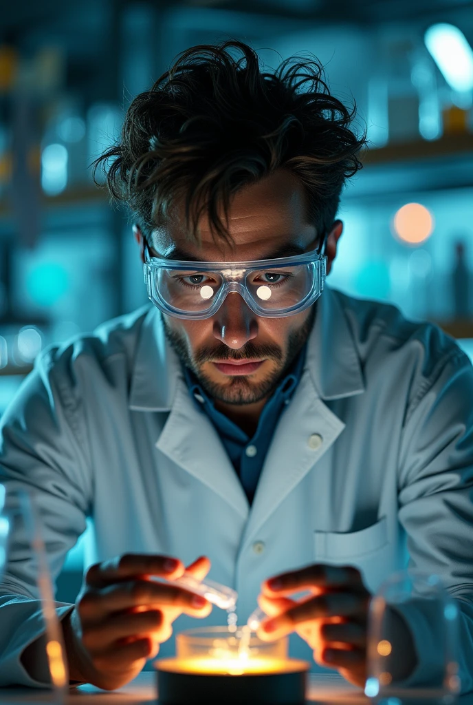 a scientist, laboratory, science equipment, test tubes, beakers, microscope, flask, lab coat, safety goggles, serious expression, concentrated, messy hair, detailed face, detailed hands, cinematic lighting, dramatic shadows, photorealistic, (best quality, 4k, 8k, highres, masterpiece:1.2), ultra-detailed, (realistic, photorealistic, photo-realistic:1.37), cinematic composition, dramatic atmosphere, complex background, intricate details, vibrant colors, sharp focus