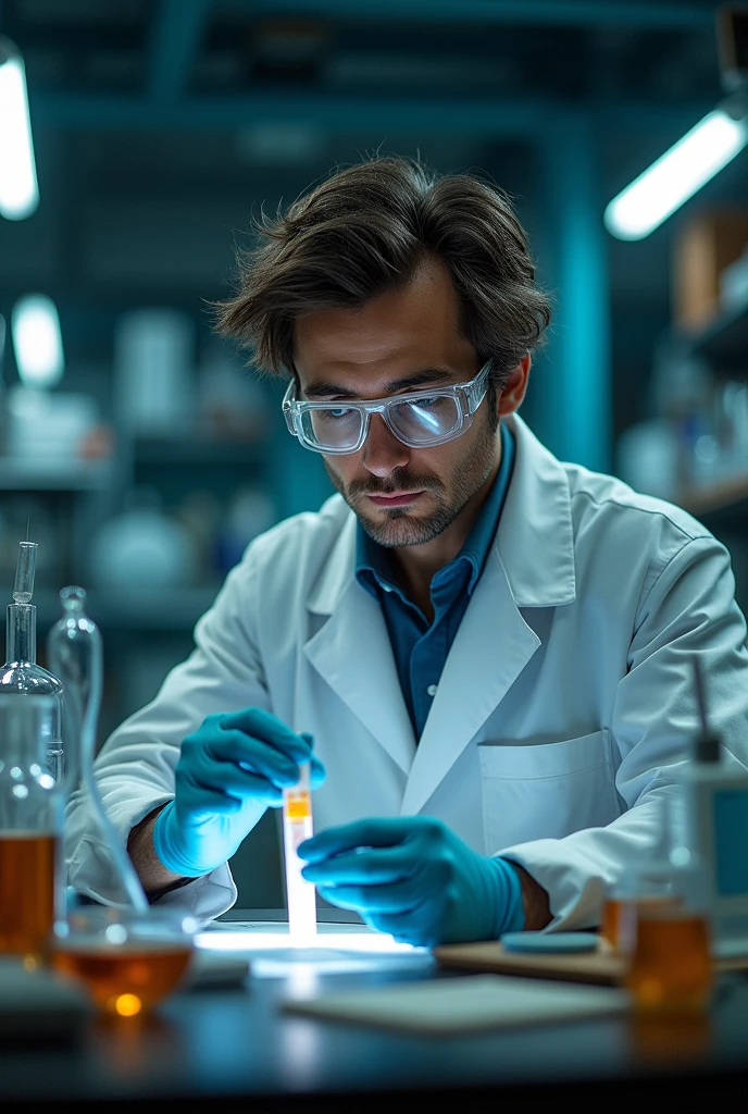 a scientist, laboratory, science equipment, test tubes, beakers, microscope, flask, lab coat, safety goggles, serious expression, concentrated, messy hair, detailed face, detailed hands, cinematic lighting, dramatic shadows, photorealistic, (best quality, 4k, 8k, highres, masterpiece:1.2), ultra-detailed, (realistic, photorealistic, photo-realistic:1.37), cinematic composition, dramatic atmosphere, complex background, intricate details, vibrant colors, sharp focus