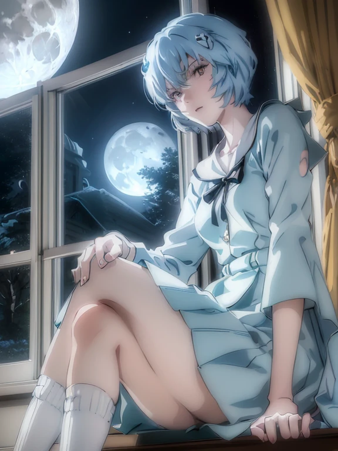 ultra-detailed, illustration, Beautiful Face, Beautiful body, (Rei Ayanami), Bluish silver hair, Silky short hair, (((One hand on cheek, Large windows, Open window, Leaning on the window frame, One foot on the window sill))), (Leaning forward), Tokyo-3 middle school uniform, black socks, ((Moon Background, The moon looks big:1.3, Gazing at the Moon:1.3)), ((Night:1.3)), View from inside the Hospital room, The lace curtains are swaying in the wind, Slightly slim body, face in profile, ephemeral Expression, extremely detailed eyes and face, photo with an 85mm camera, ((masterpiece, best quality, high resolution))