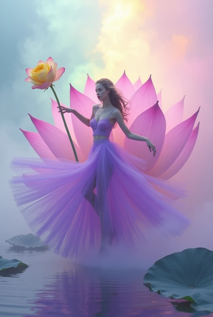 Light rainbow background of fog and legs, minimalist, elegant, pure gentle, soft light, photorealistic. Giant Purple Lotus , with huge and long petals. (petal made of thin and soft tulle, flowing petals full background, floating petals, hyperflying petals, at the feet A mixture of rainbow smoke and fog effects from colored fog on the ground and petals). Extravagant, beautiful woman full length, nice legs,shoes,in a fast dance pose, (Ultra detailed face, hyperrealistic) позирую Giant Purple Lotus , woman holding green stem in front of her, center of yellow bright rose in photo, woman looking at viewer, permission 8k, masterpiece, top quality, the skirt flutters strongly in the wind,